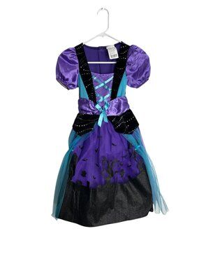Girls Size 4-6 Halloween Dress Up Witch Costume Purple Blue Black Ribbon